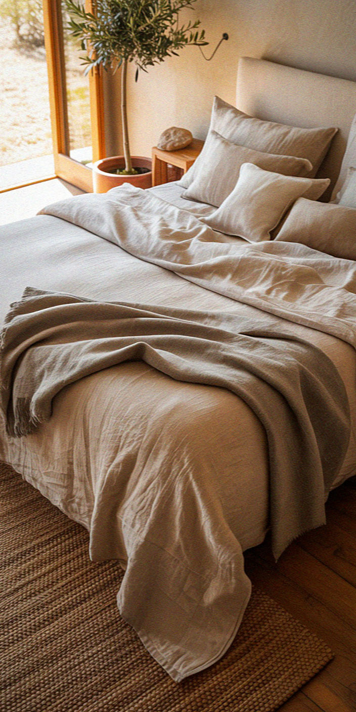 Cozy bedroom with beige sheets, soft pillows, and a woven rug. Potted plant by window brightens the warm, minimalist space.