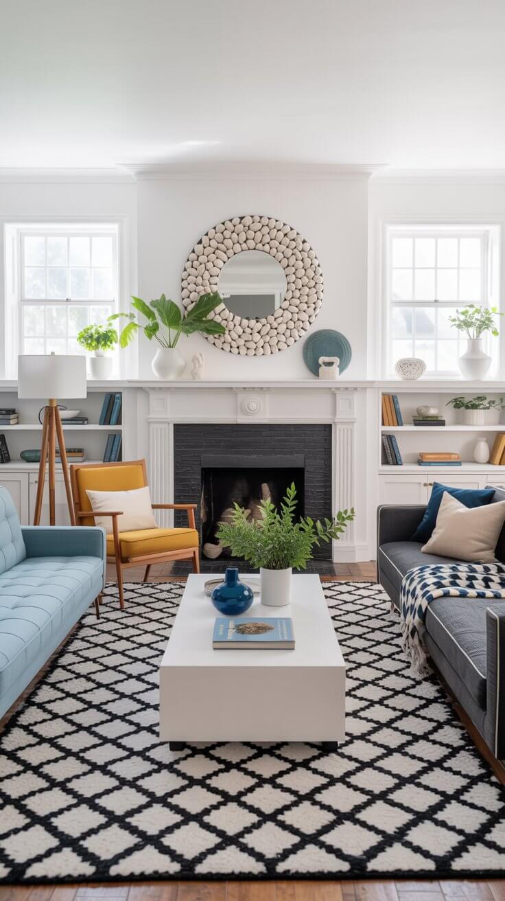 Modern living room with a white fireplace, surrounded by shelves and plants. Blue and yellow chairs, geometric rug, and decorative mirror complete the look.