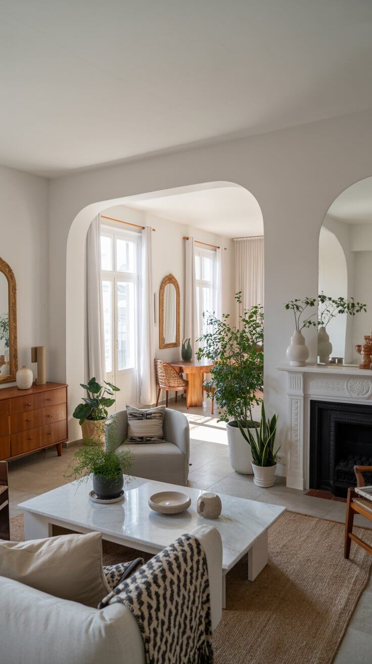 Bright, stylish living room with modern furniture, plants, and decorative mirrors. Mid-century wooden elements enhance the cozy atmosphere. Sunlight fills the elegant, airy space.
