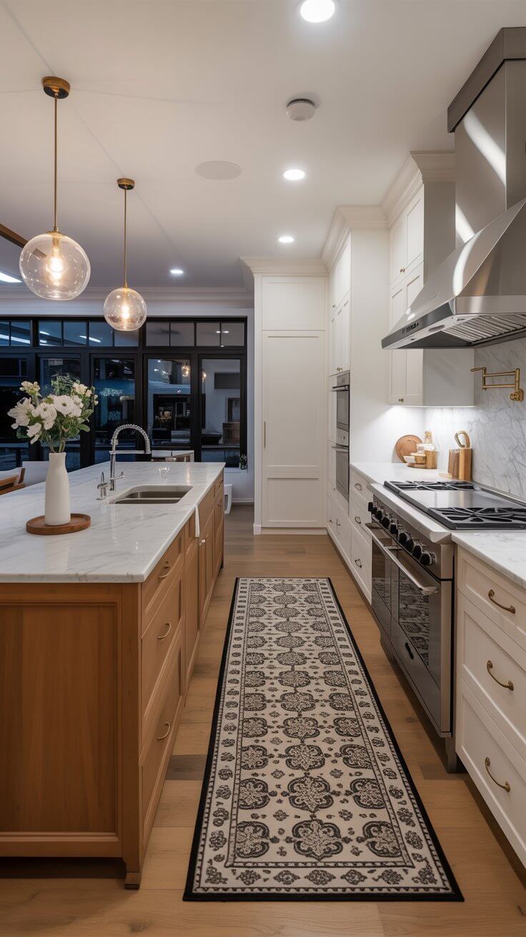 Modern kitchen with marble countertops, pendant lights, and a patterned rug. Includes stainless steel appliances, white cabinets, and large windows showcasing a serene view.