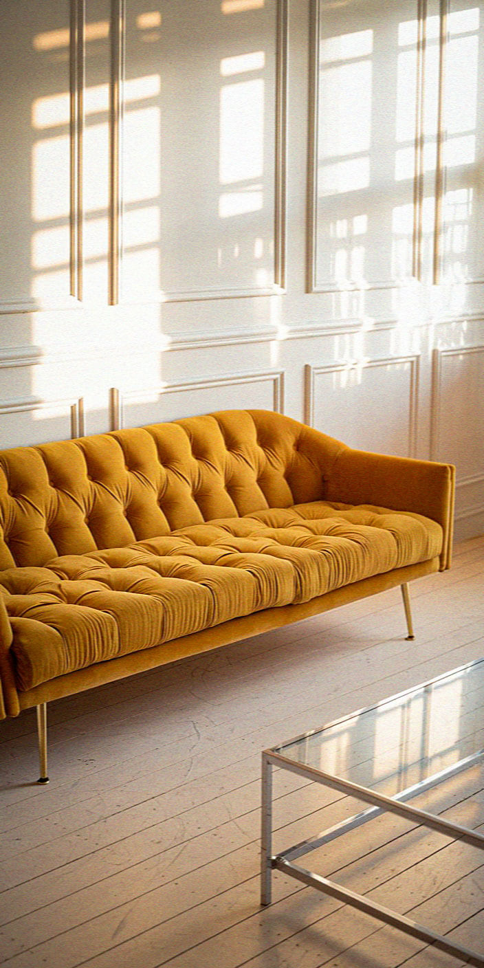 A sunlit room features a mustard-yellow tufted sofa and a glass coffee table on light wood flooring, with textured wall panels.