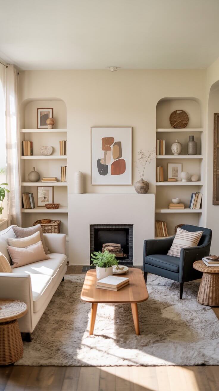 Cozy living room with modern decor, including a white sofa, black armchair, and abstract art above the fireplace. Warm, neutral tones throughout.
