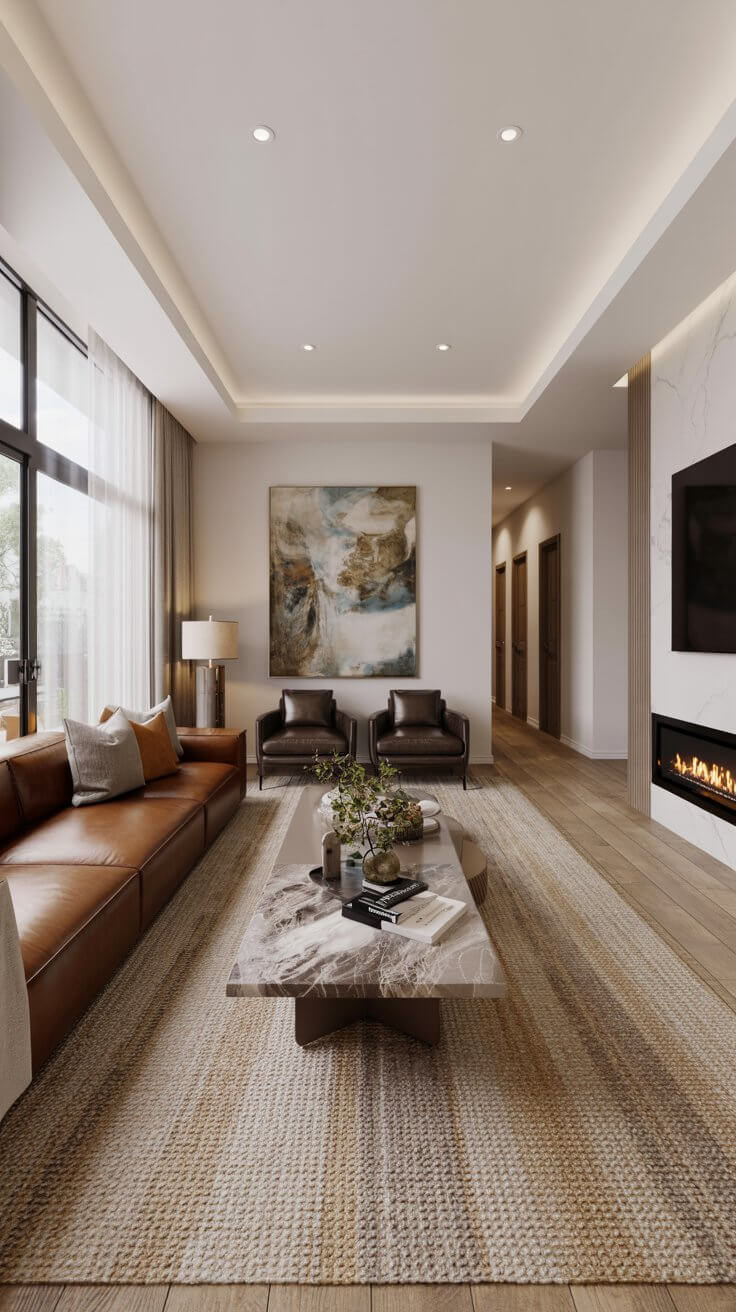Modern living room with a leather sofa, abstract art, and a marble coffee table. Features large windows, a fireplace, and warm lighting.