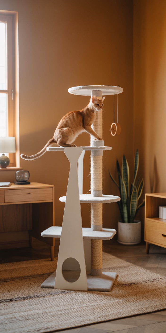 A ginger cat sits on a multi-level white cat tree in a cozy room with warm tones, plants, and wooden furniture.