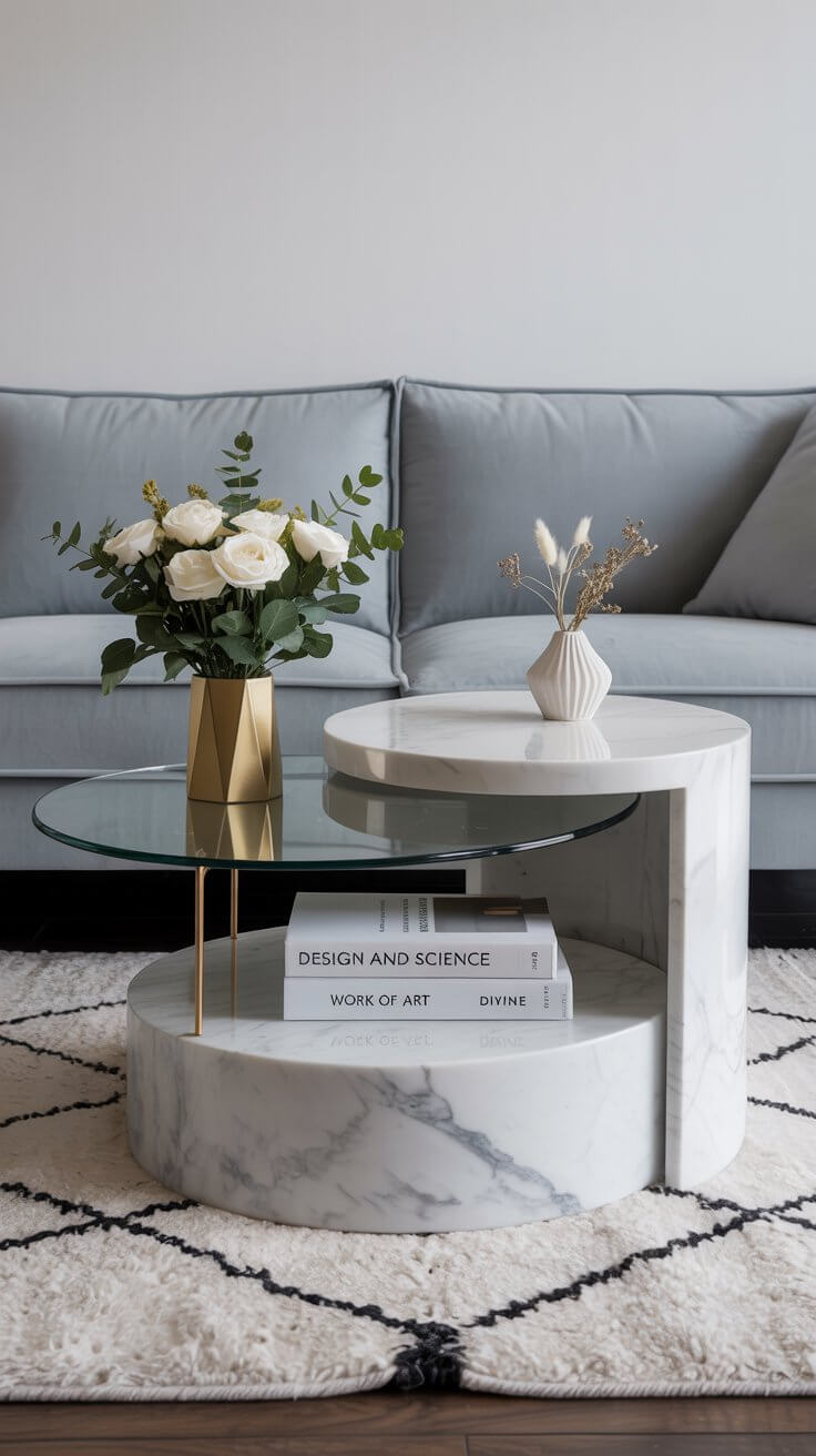 Modern living room with a gray sofa, round marble coffee table, stacked books, and floral arrangements in geometric vases on textured carpet.