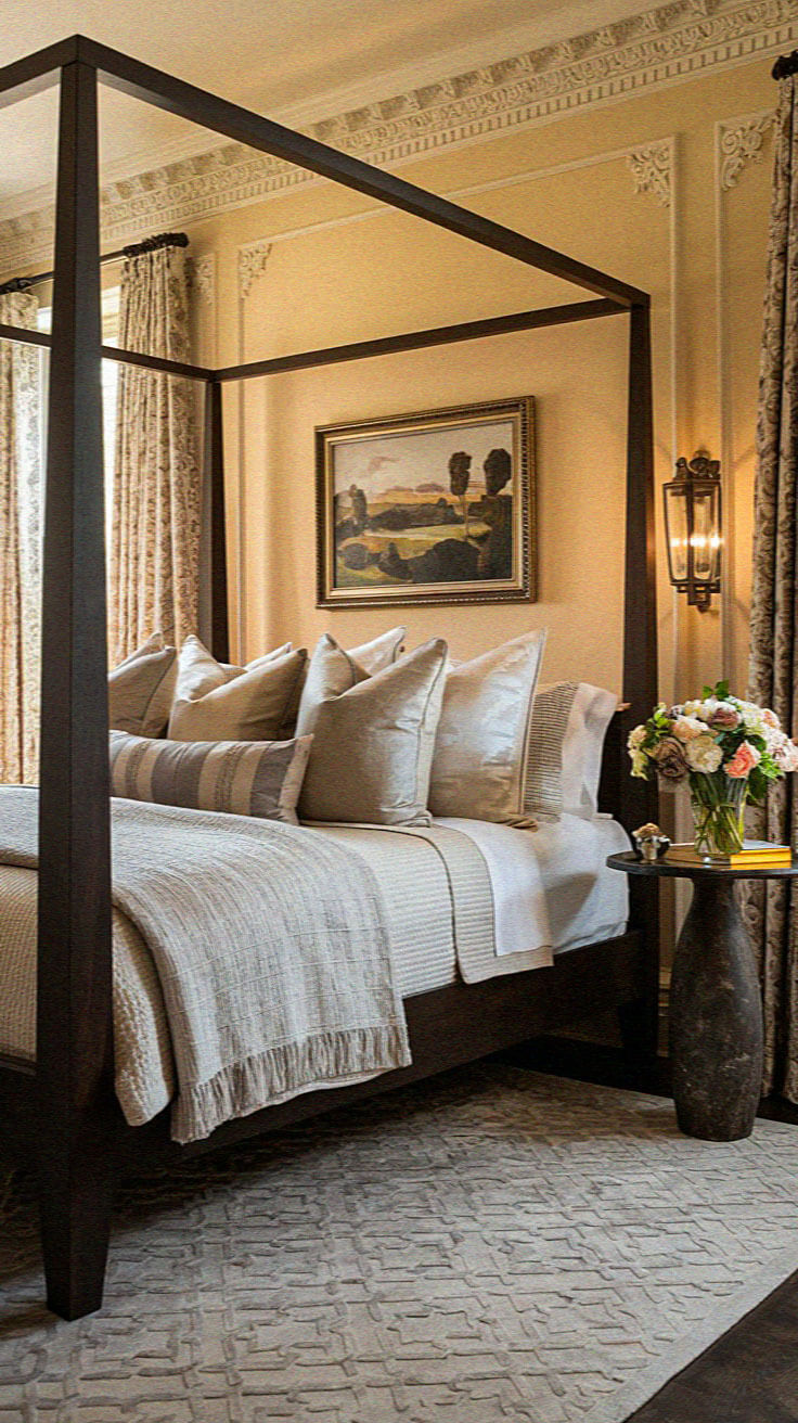 Elegant bedroom with a canopy bed, luxurious linens, framed landscape painting, floral arrangement on side table, and intricate crown molding details. Cozy ambiance.