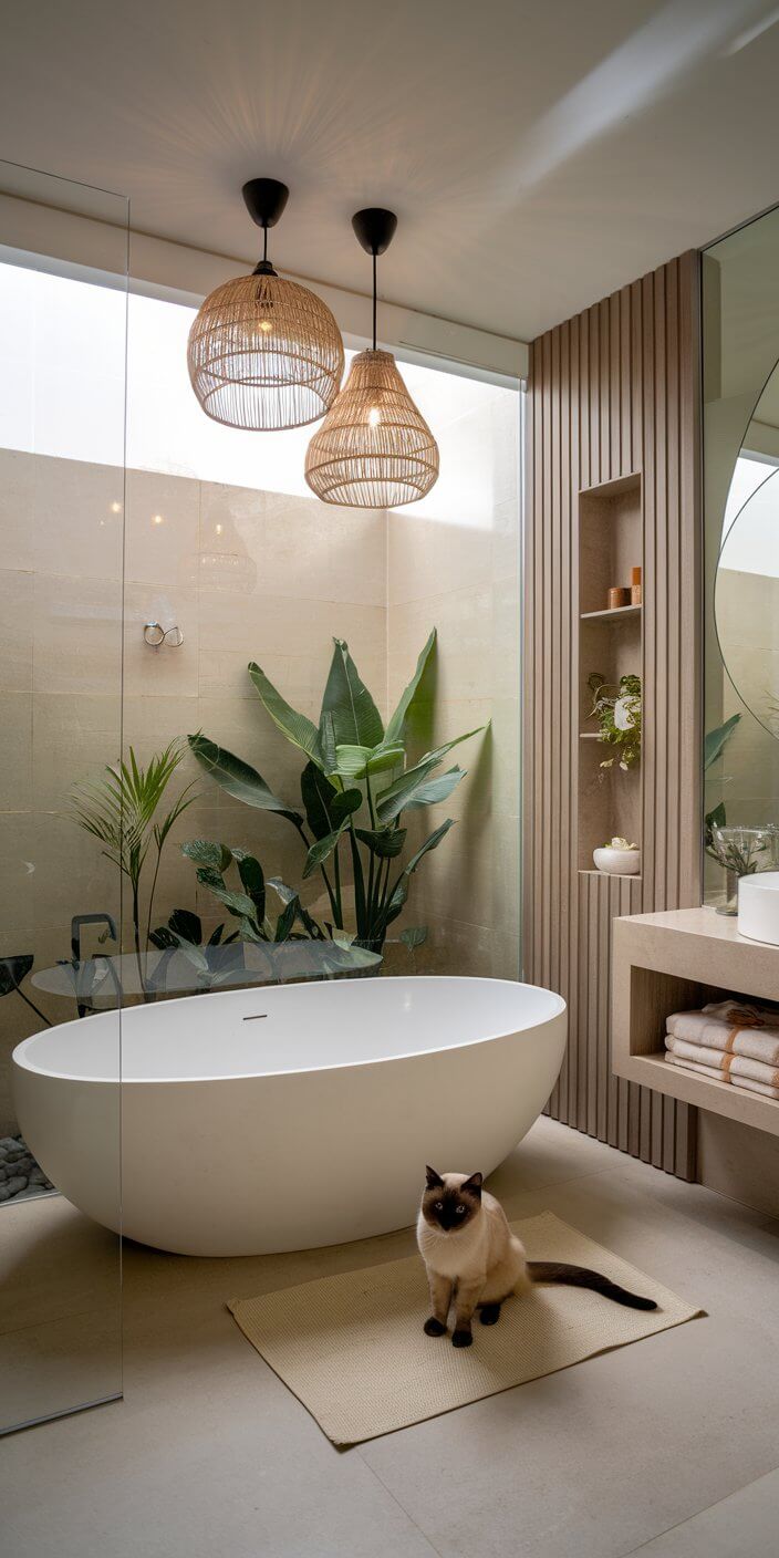 Modern bathroom with a freestanding bathtub, lush plants, and woven pendant lights. A cat sits on a mat, creating a serene atmosphere.