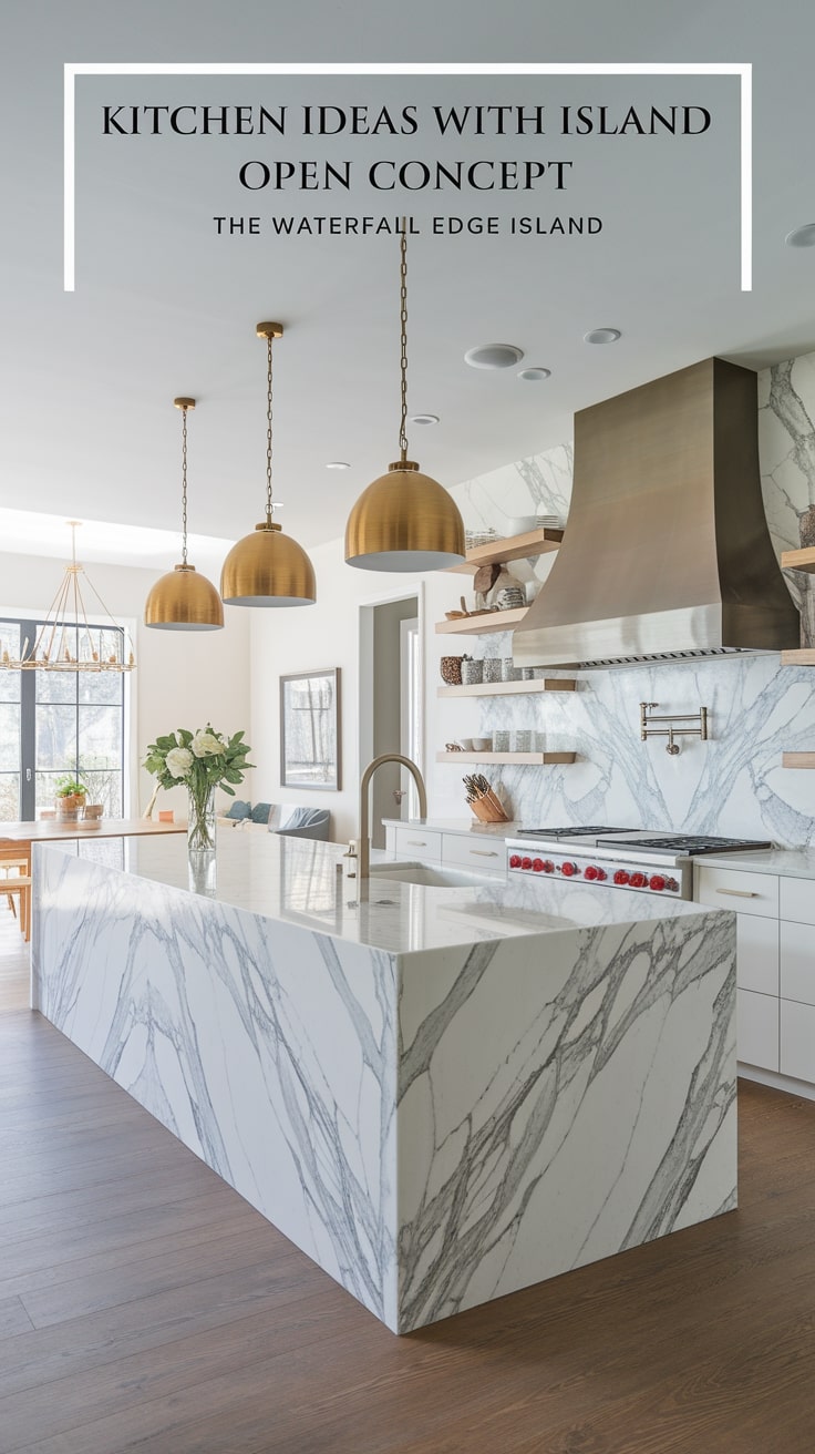 Modern kitchen with marble island, sleek appliances, and brass pendant lights. Open concept design featuring a spacious, stylish, and functional layout.