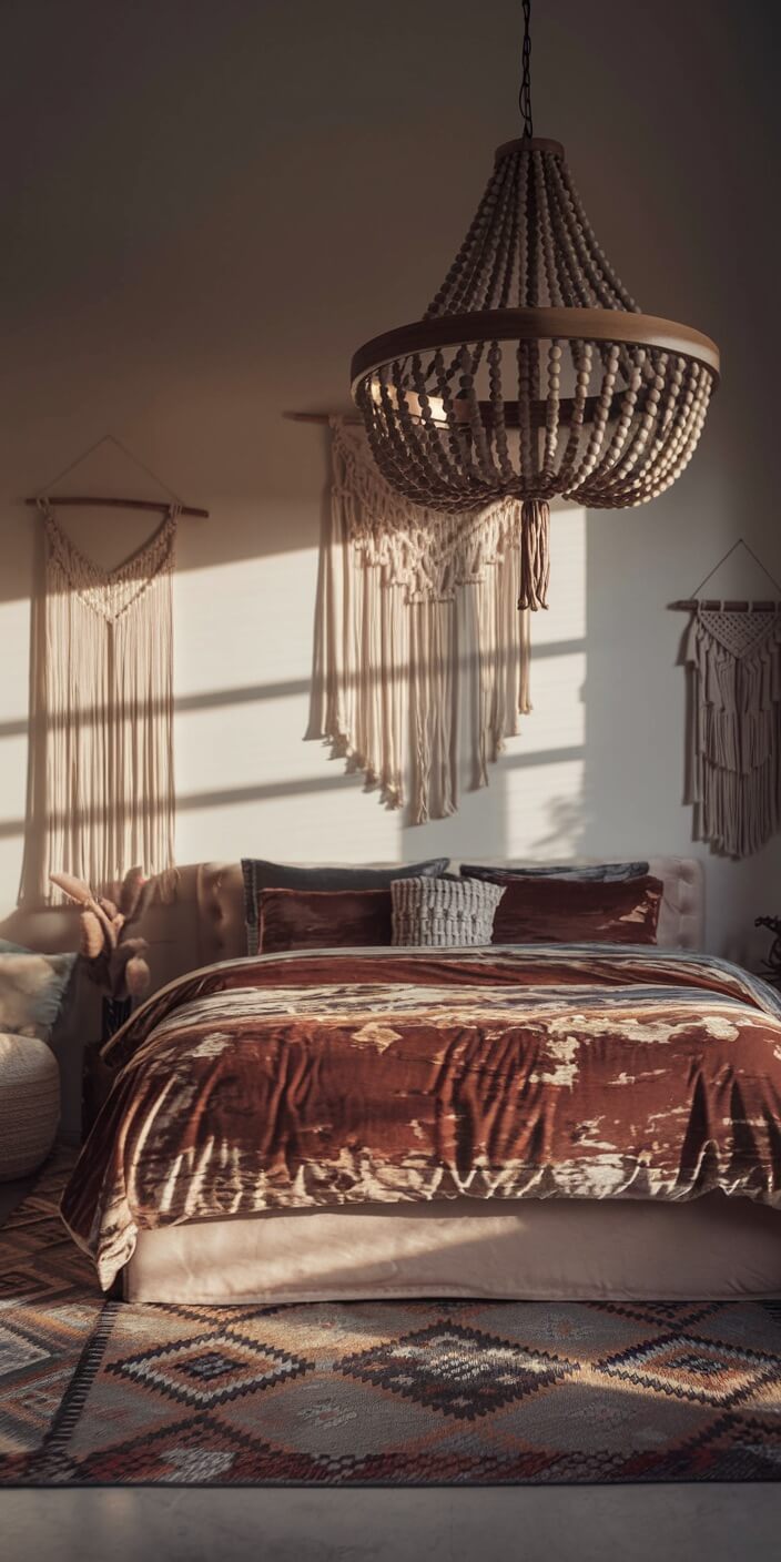 A cozy bedroom features a beaded chandelier, macramé wall hangings, textured bedding, and a patterned rug in warm, natural tones.