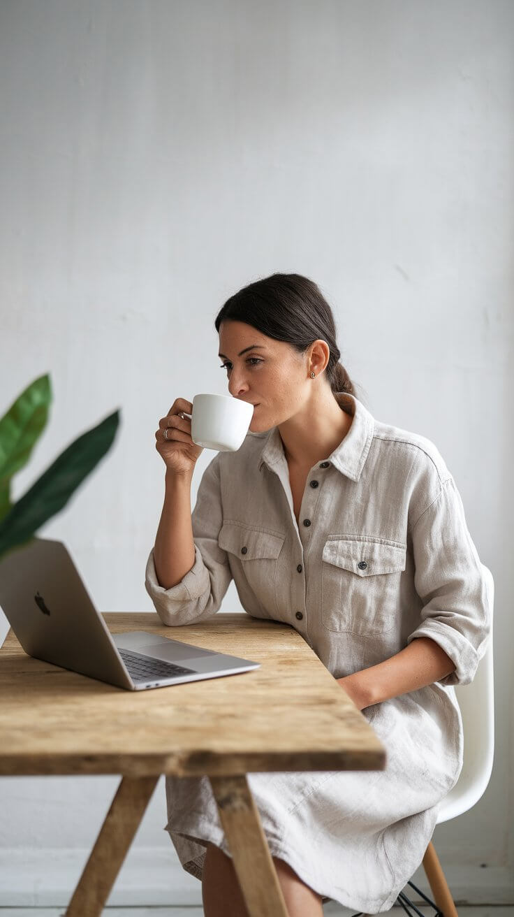 A person in a beige outfit sips coffee while working on a laptop at a wooden table, next to a potted plant.