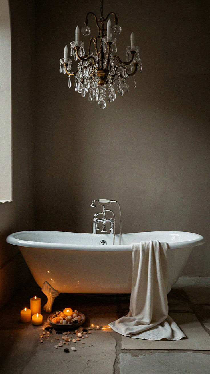 Elegant bathroom with a chandelier and freestanding tub, draped towel, surrounded by candles and decorative stones on a stone floor.