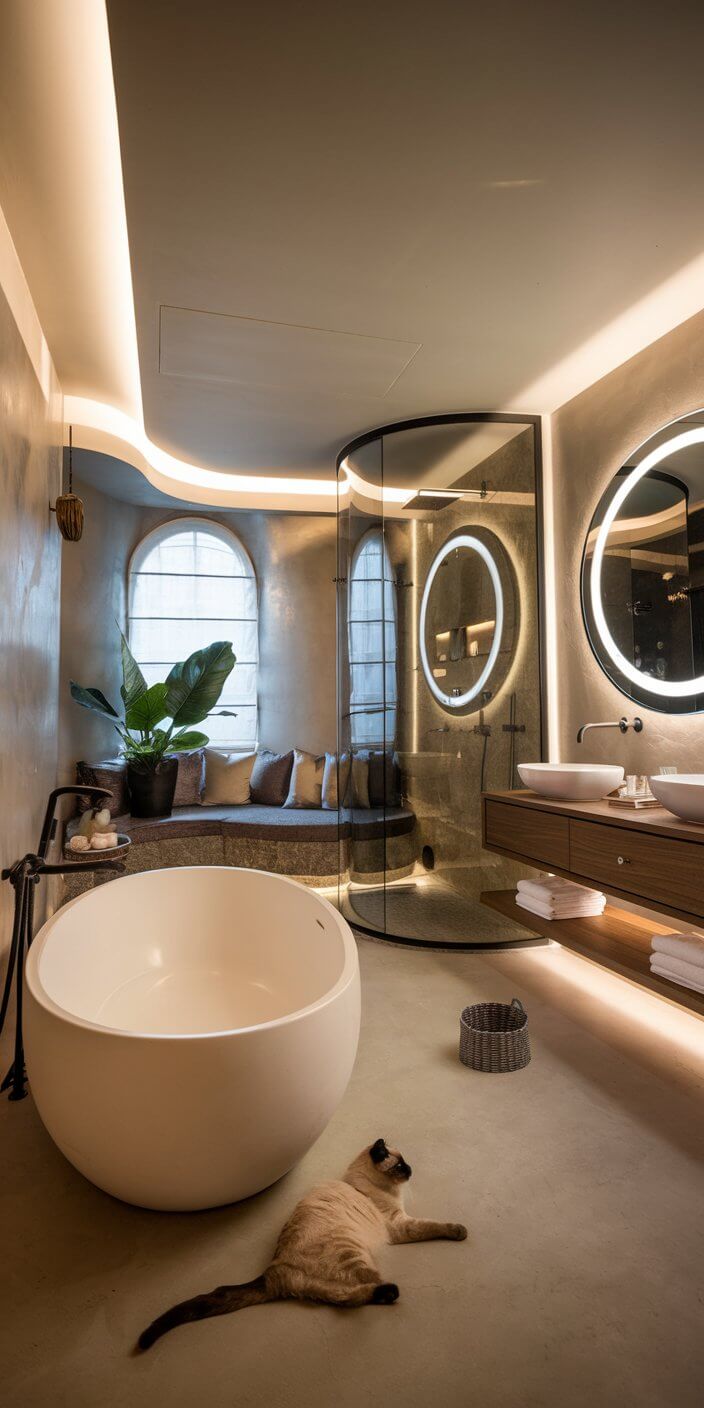 Modern bathroom with a circular bathtub, glass shower, and cozy seating. A cat lounges on the floor. Elegant lighting accents the design.