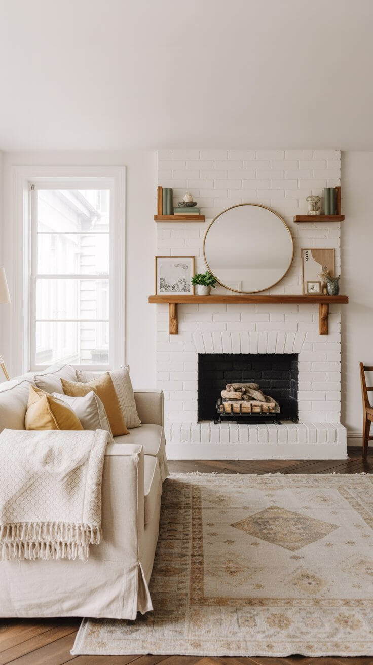 Cozy living room with white brick fireplace, round mirror, shelves, and neutral decor. Cream sofa with pillows, woven throw, and patterned rug.