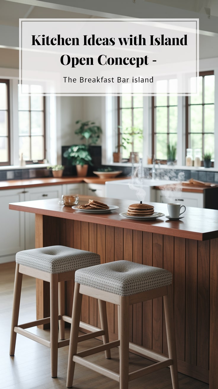 Modern kitchen featuring an island with stools, pancakes on the counter, and bright natural lighting through large windows. Sign titled "Kitchen Ideas."