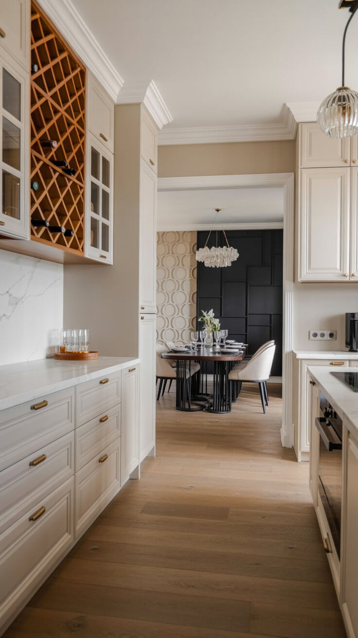 A modern kitchen leads to a stylish dining area with patterned walls, elegant lighting, and a beautifully arranged table with flowers.