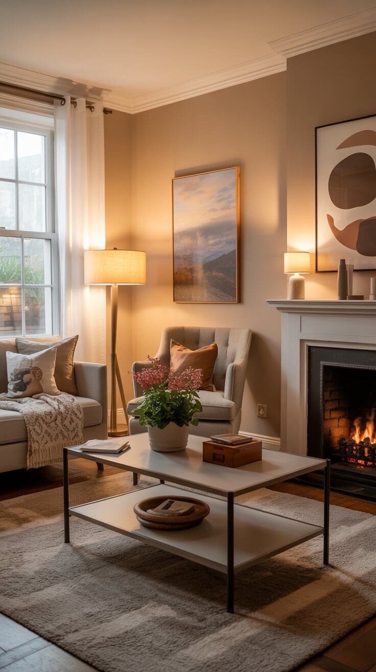 Cozy living room with fireplace, armchair, sofa, and coffee table. Warm lighting, decorative plants, and abstract art create a welcoming atmosphere.