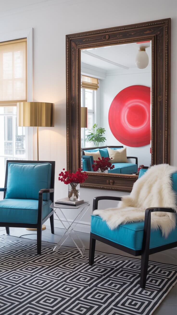 A modern living room with vibrant decor, featuring a large mirror, abstract red artwork, blue chairs, and geometric patterned rug.