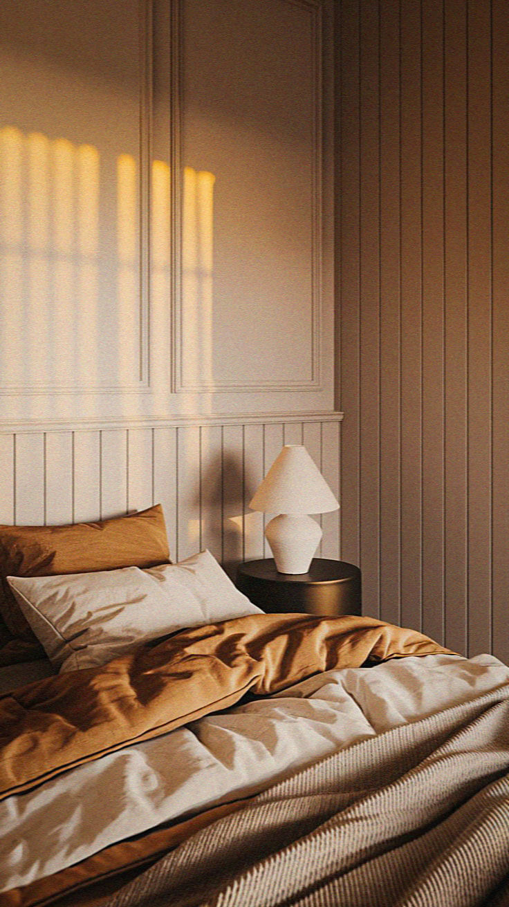 A cozy bedroom with soft lighting, featuring a neatly made bed, beige and brown linens, and a lamp on a small round table.