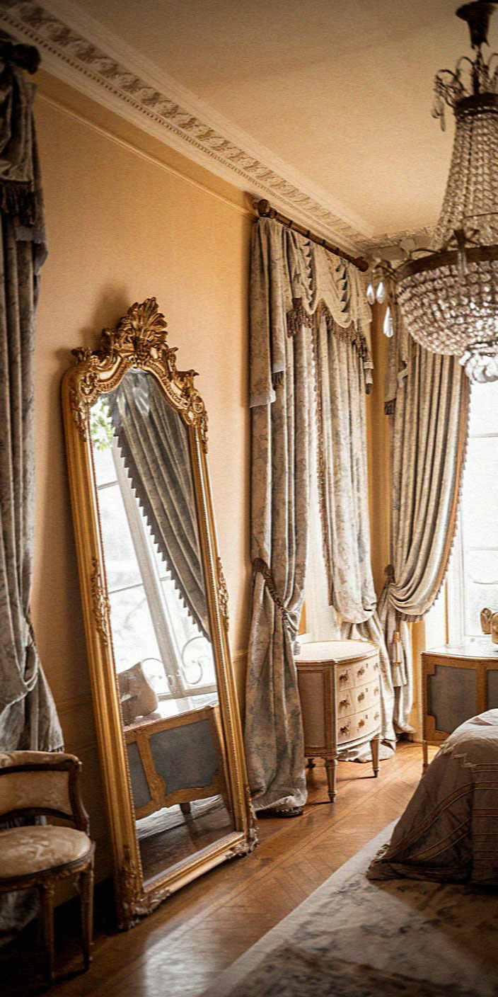 Elegant room features a large ornate mirror, draped curtains, luxurious chandelier, and antique furnishings, creating a rich and classic ambiance.