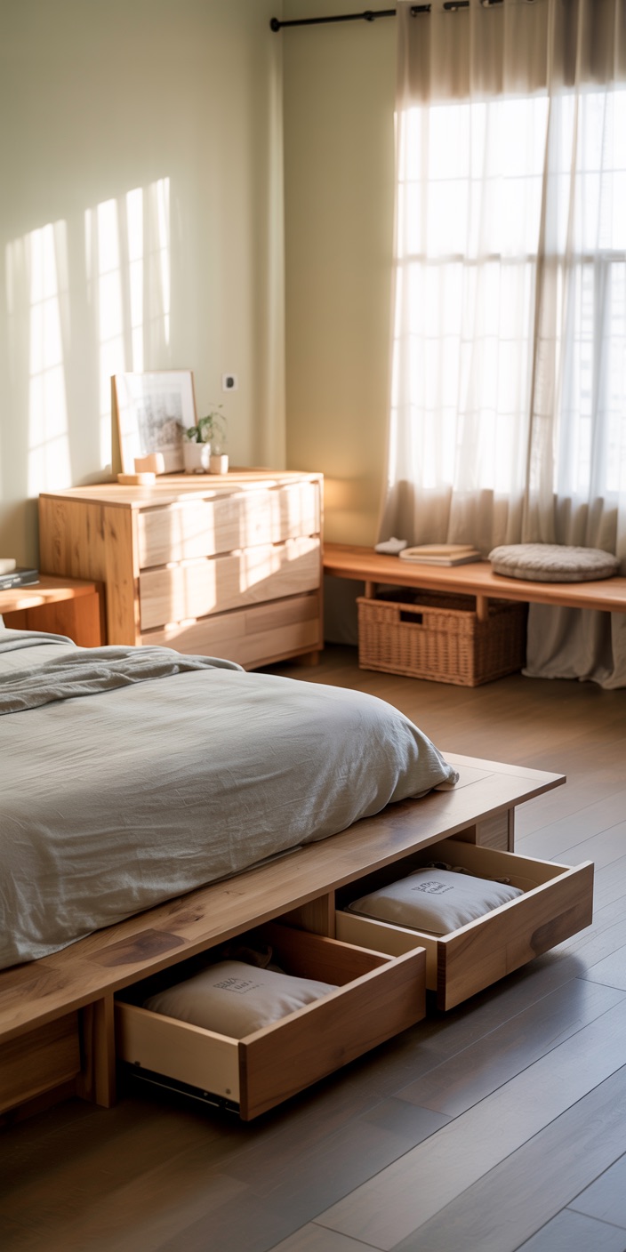 Sunlit bedroom with wooden furniture, featuring an under-bed drawer, chest, and bench. Soft natural light filters through sheer curtains, creating a cozy atmosphere.