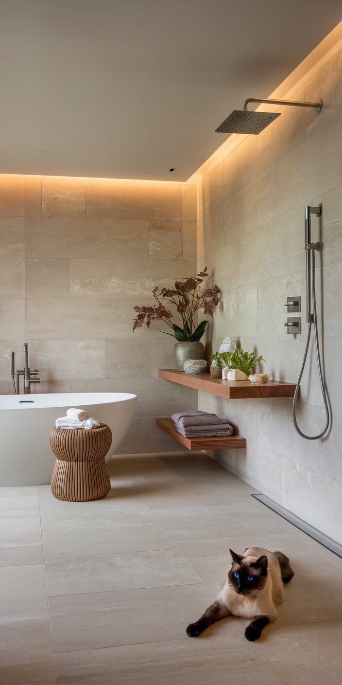 Modern bathroom with beige tiles, freestanding tub, and wooden shelves. A cat lies on the floor, adding a cozy touch.