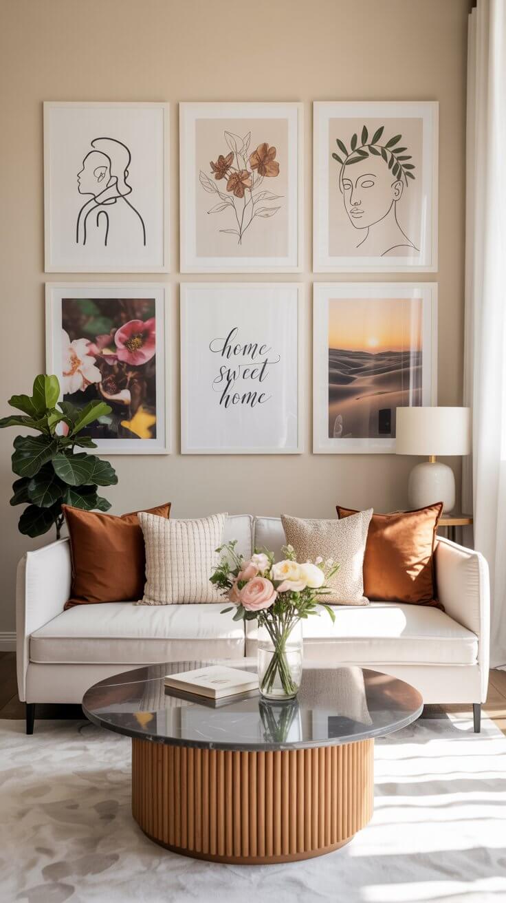A cozy living room features a white sofa with decorative pillows, a round table with flowers, and six framed artworks on the wall.
