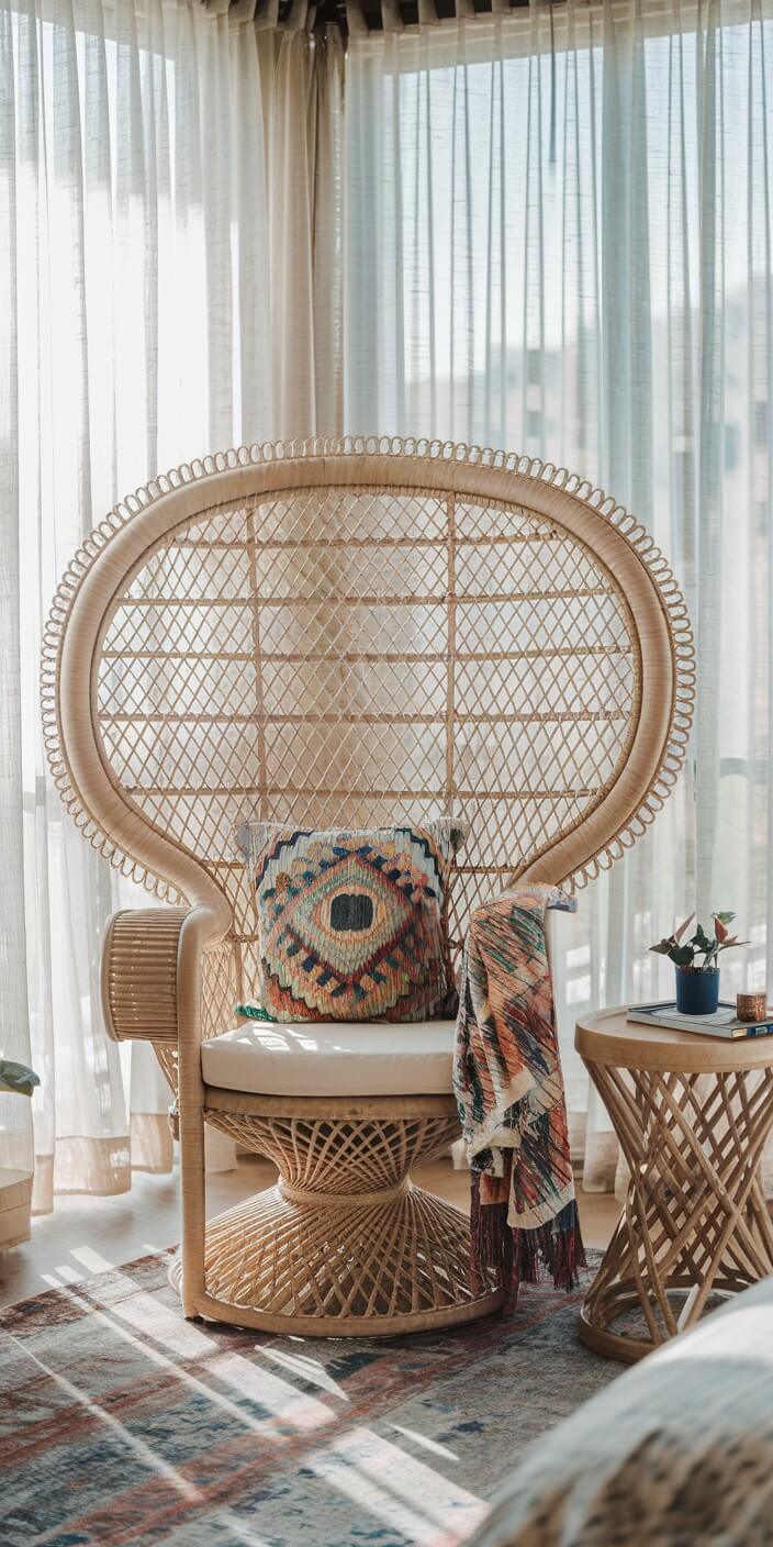 A wicker chair with a colorful pillow and blanket sits by sheer curtains, in a cozy, sunlit room. A small table holds books and plants.