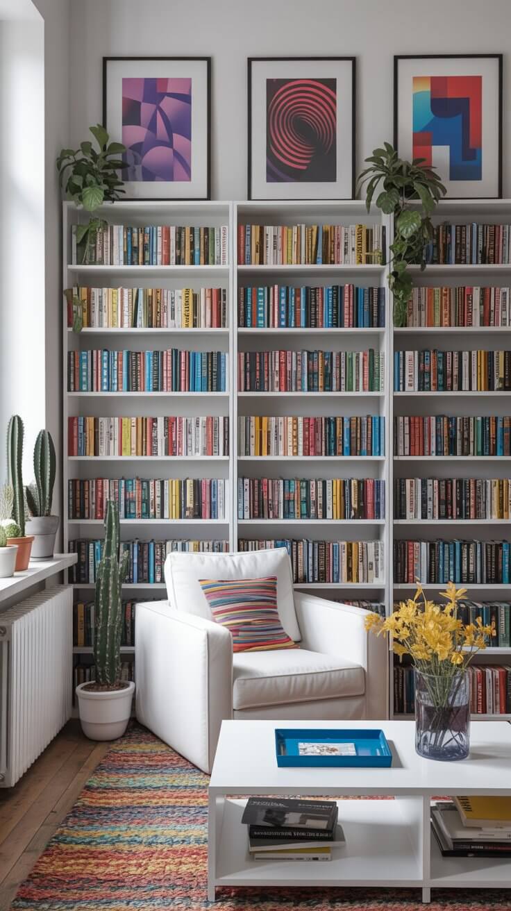 Cozy reading nook with colorful bookshelves, white armchair, abstract art and plants. Bright, inviting space featuring a vibrant rug and modern decor.