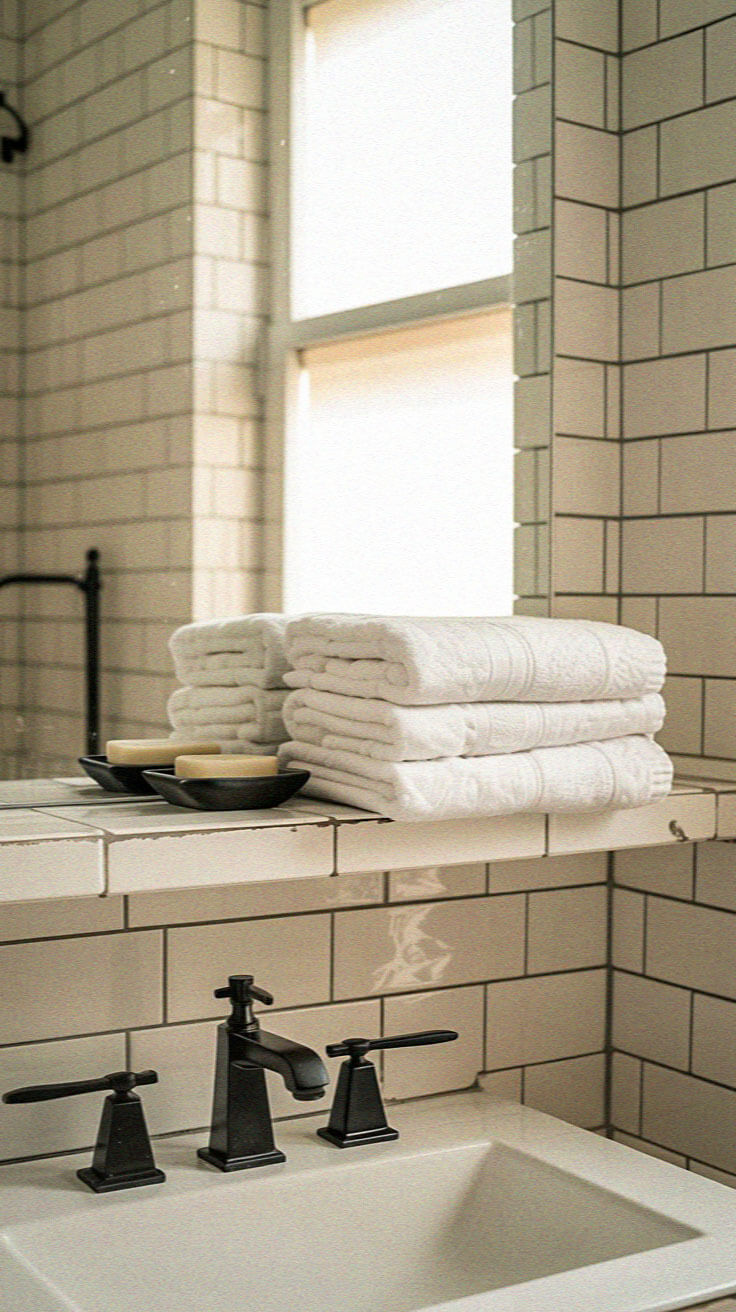 A neatly arranged bathroom with stacked white towels, black faucet, soap dishes, and natural light through a window. Subtle, clean aesthetic.
