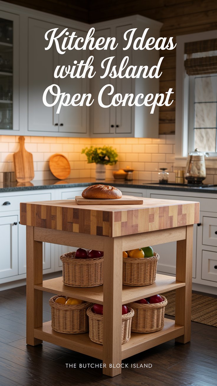 A stylish kitchen with an open concept island, featuring a butcher block countertop and wicker baskets holding colorful fruits and vegetables.