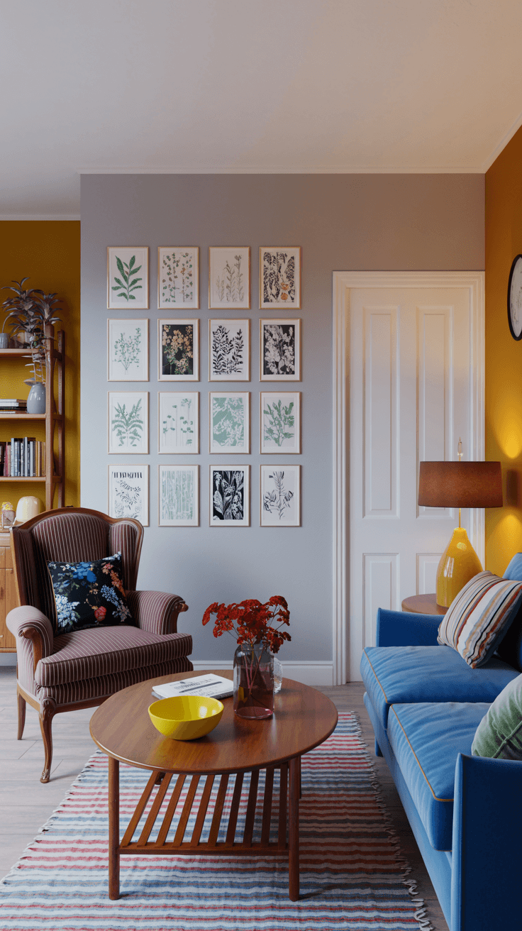 A cozy living room features a blue sofa, striped armchair, wooden coffee table, botanical wall art, bookshelf, and vibrant accents for a warm atmosphere.