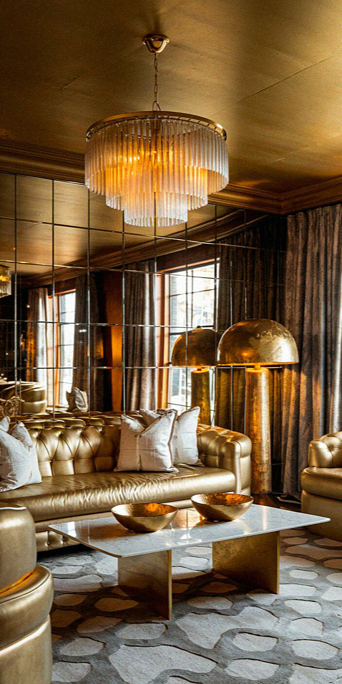 Luxurious interior featuring a gold-tinted living room, tufted sofas, marble table, mirrored walls, elaborate chandelier, and stylish globe lamps by large windows.