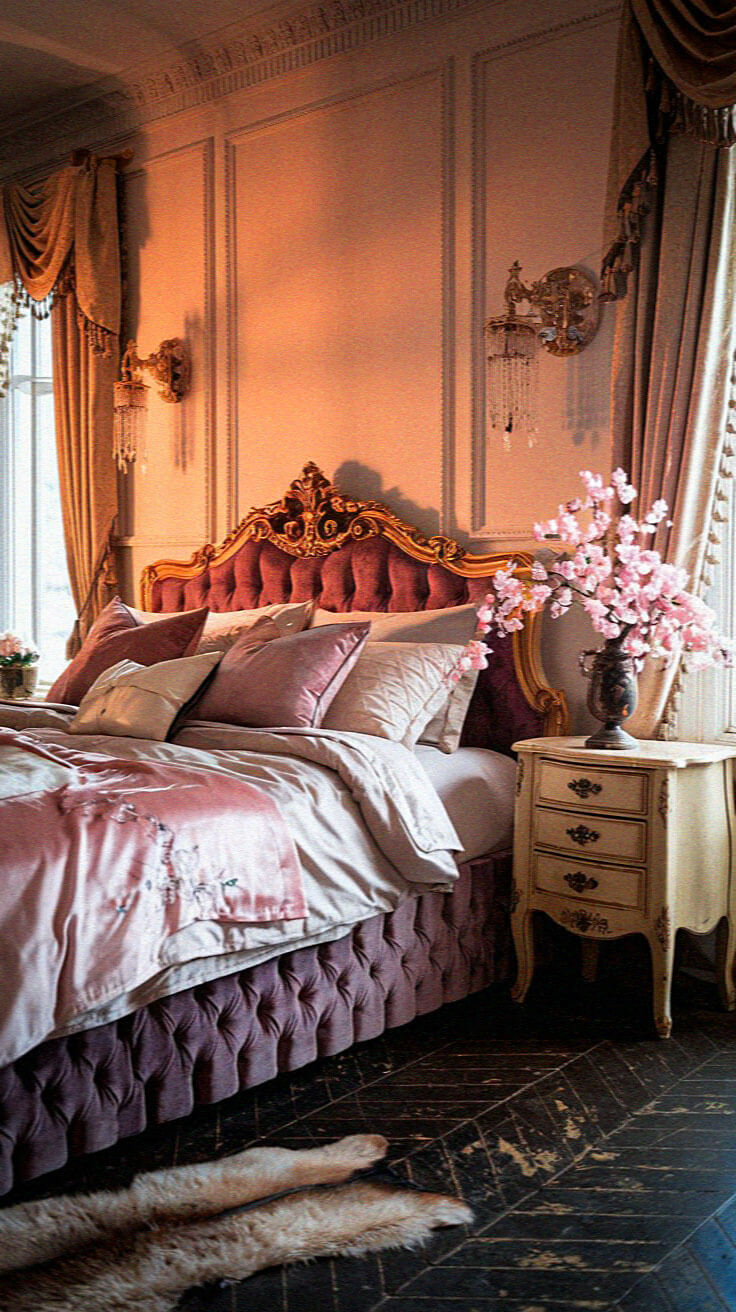 Elegant bedroom with ornate headboard, plush bedding, floral arrangements, and decorative lighting. The room exudes classic luxury and sophistication.