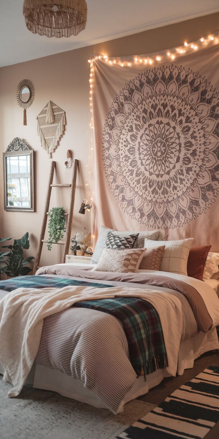 Cozy bedroom with a patterned tapestry, string lights, wooden ladder, plants, and layered bedding. Bohemian decor includes wall mirrors and woven art.