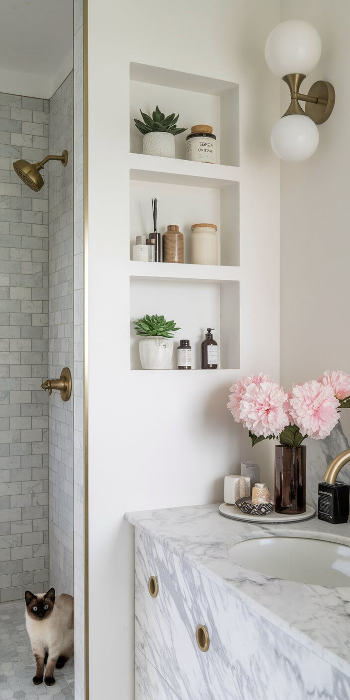 Modern bathroom with marble sink, brass fixtures, potted plants on shelves, pink flowers, and a cat peeking from the shower area.