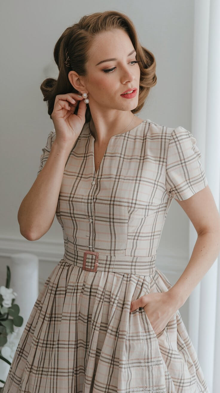 A person in a plaid dress poses elegantly, adjusting an earring, with vintage-inspired hairstyle and soft lighting enhancing the classic aesthetic.