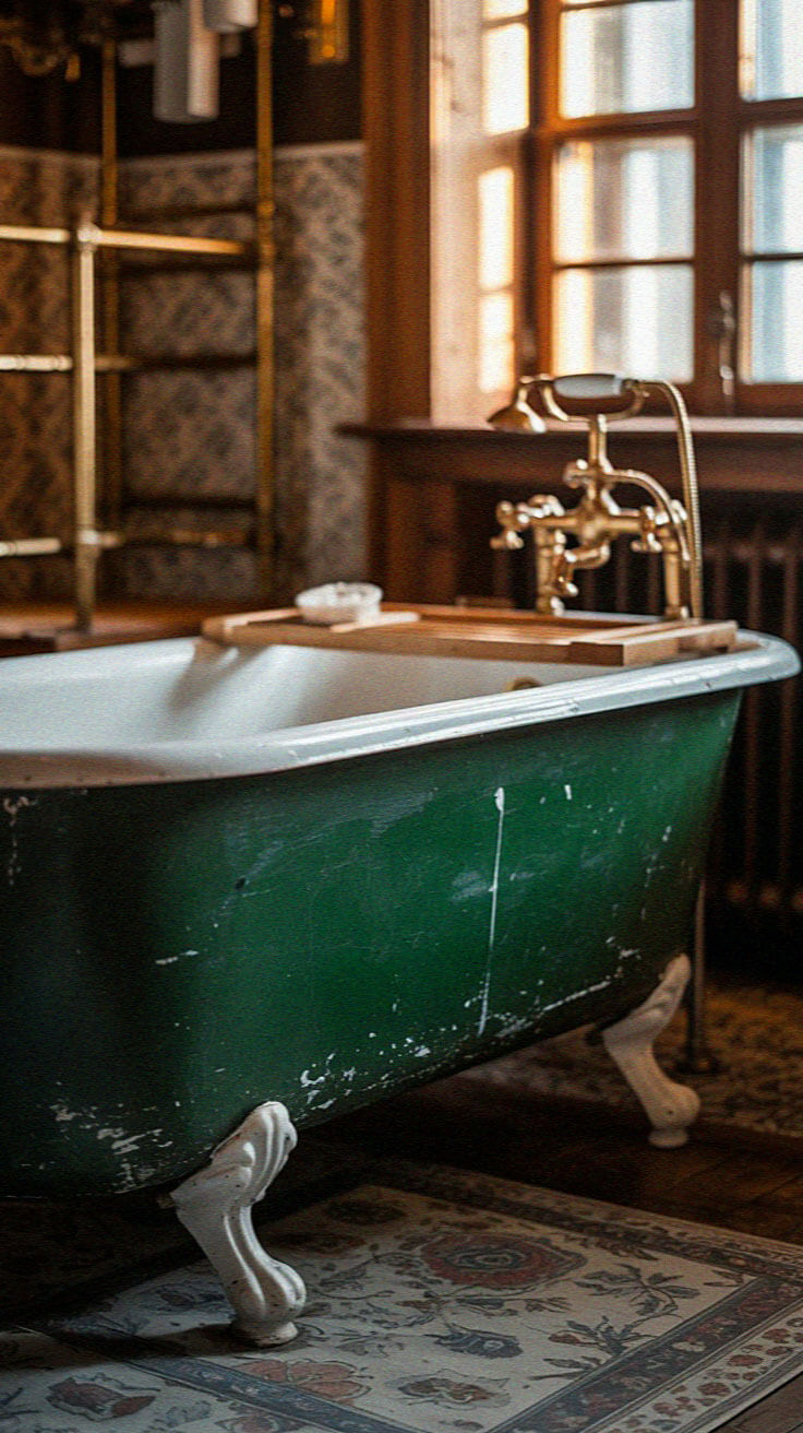 Vintage green clawfoot bathtub with ornate brass fittings, set on an intricately patterned rug beside warm window light, evoking a classic aesthetic.