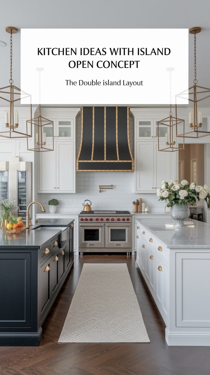 Elegant kitchen with two islands, black and white cabinetry, ornate chandelier lighting, luxurious countertops, and a central range hood. Sophisticated open concept design.