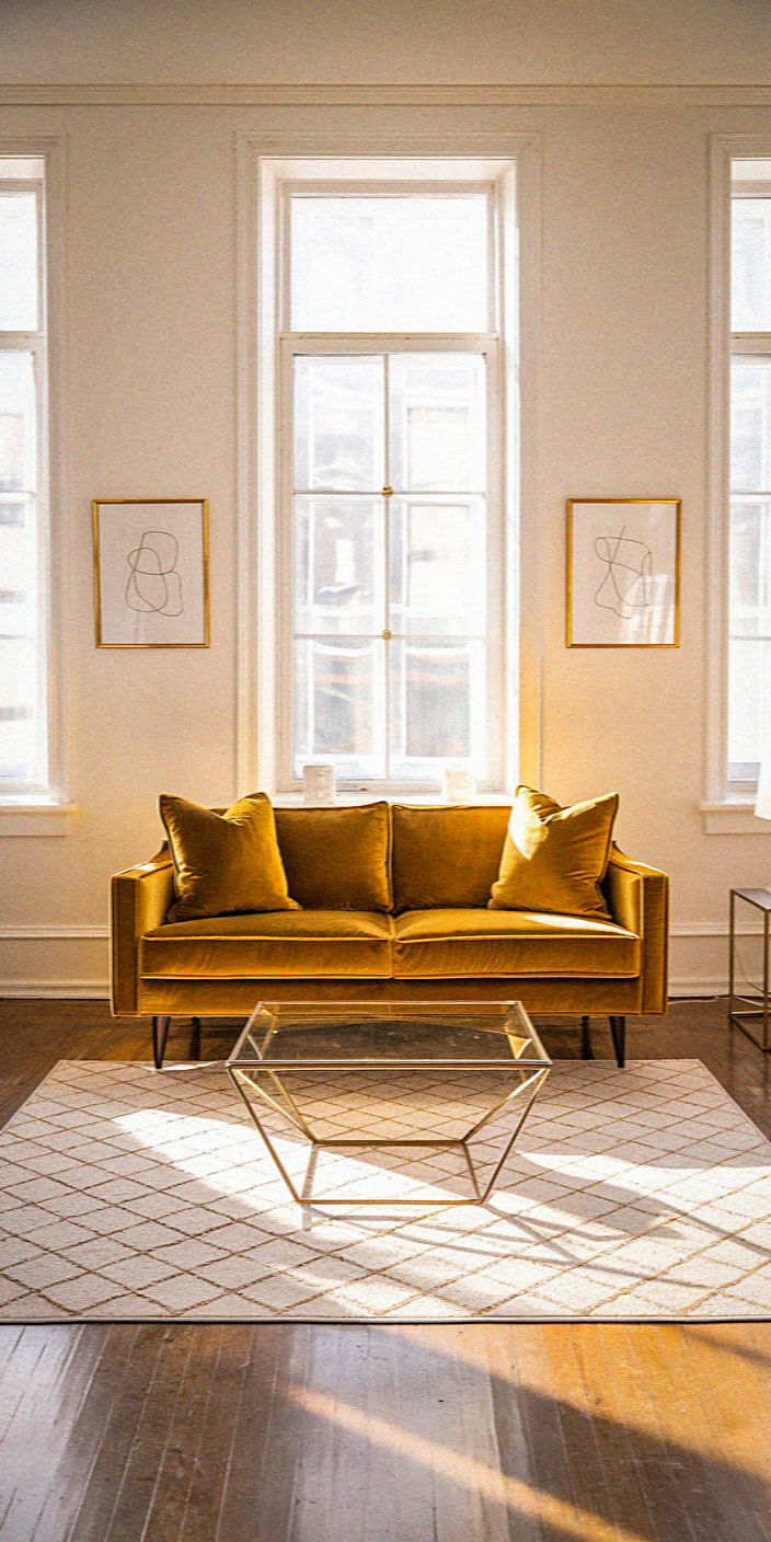 Bright, modern living room with a mustard-yellow sofa and geometric glass table. Sunlight streams through tall windows, illuminating abstract wall art.