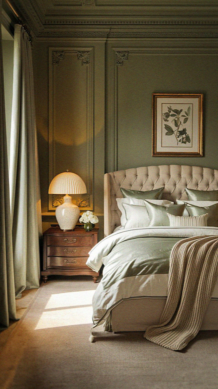 Elegant bedroom with soft green hues, ornate molding, a cushioned headboard, and a wooden nightstand with a lamp and floral decoration.