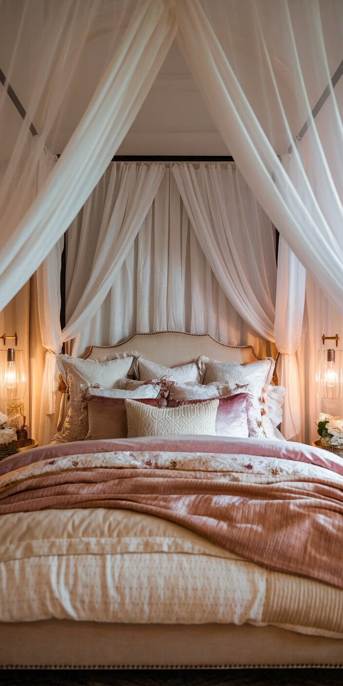 A cozy bedroom features a plush, canopy bed with layered pillows and soft lighting, creating an inviting, luxurious atmosphere.