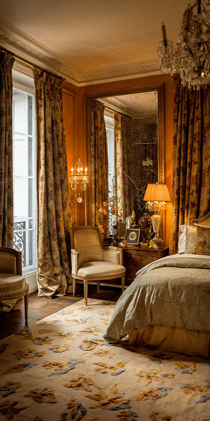 Luxurious bedroom with ornate chandelier, floral curtains, vintage furniture, and framed photographs. A large window adds light to the elegant decor.