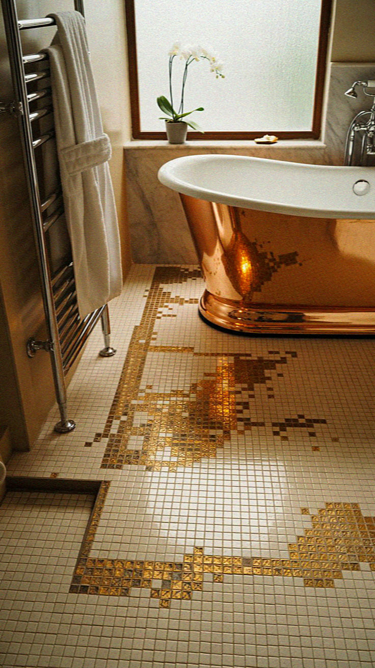 Elegant bathroom with a copper bathtub, mosaic tile floor, heated towel rail, and a window with an orchid plant enhancing the tranquil atmosphere.