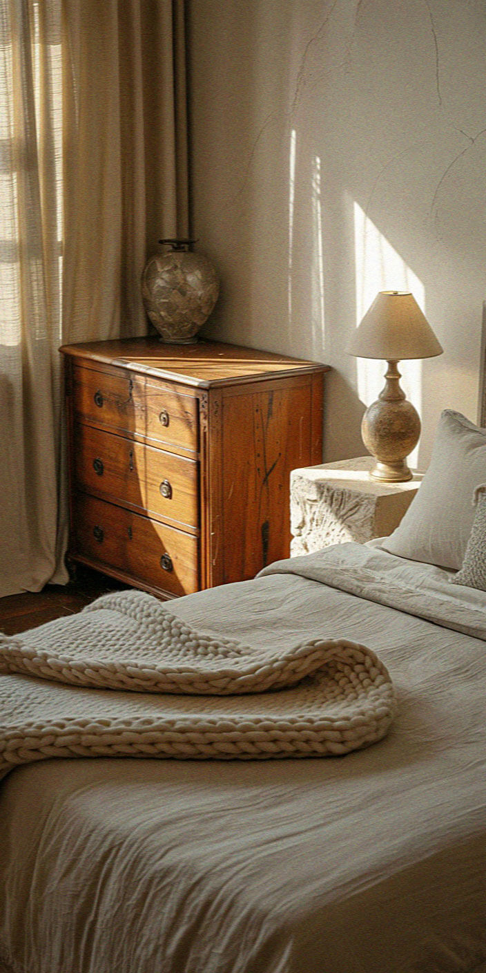 Sunlit bedroom with rustic wood dresser, cozy knit blanket on bed, and ceramic lamp on a textured side table; warm, inviting atmosphere.