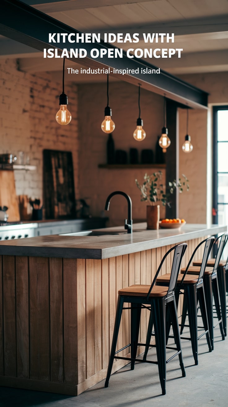 Industrial-style kitchen with wooden island, metal stools, and hanging Edison bulb lights. Modern aesthetic in a cozy, open-concept design.
