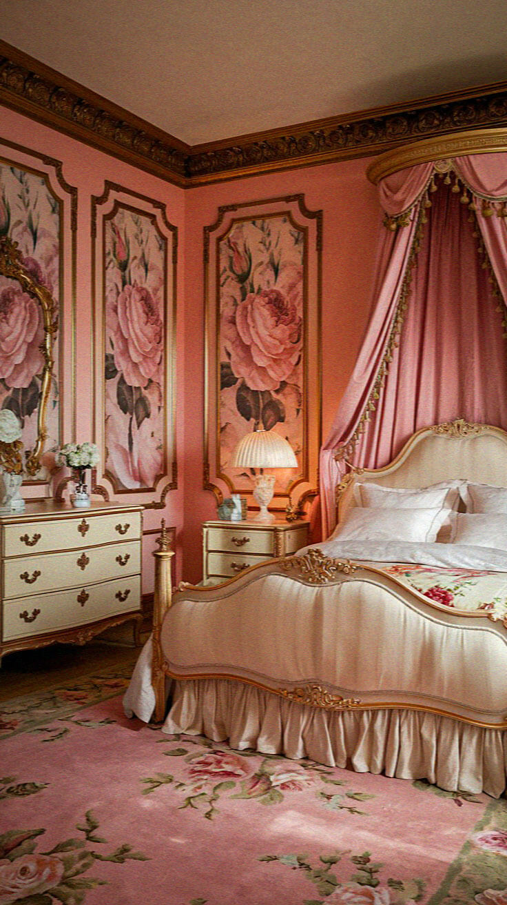 Elegant bedroom with pink tones, floral motifs, ornate furniture, and a canopy bed. Gold accents and vintage decor create a luxurious ambiance.