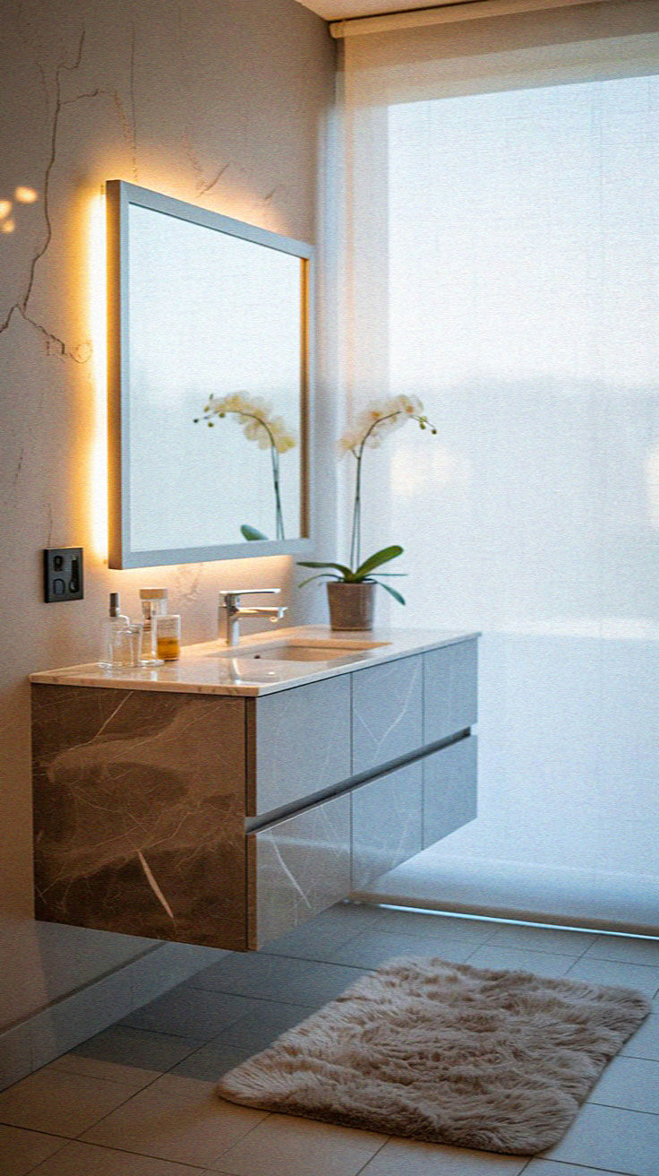 Modern bathroom with a marble sink, illuminated mirror, orchids, and a fluffy rug. Soft lighting creates a serene atmosphere. No landmarks.