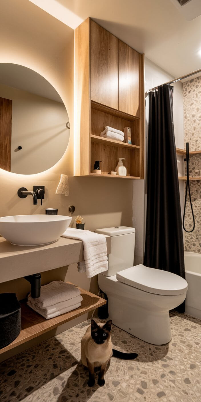 Modern bathroom with a round mirror, wooden shelves, sink with towels, and a black shower curtain. A Siamese cat sits on tiled floor.