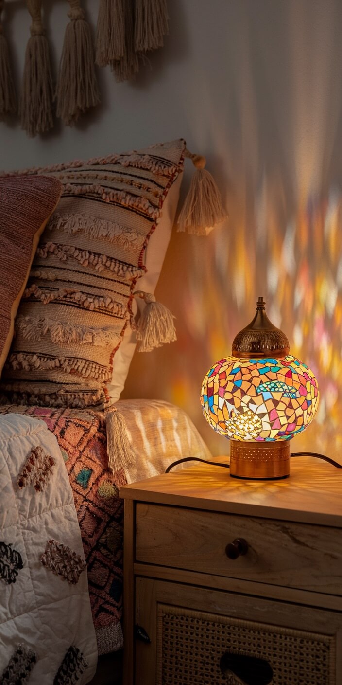 A colorful mosaic lamp on a wooden bedside table casts vibrant patterns. Cushions and tassels adorn the cozy bedroom setting.