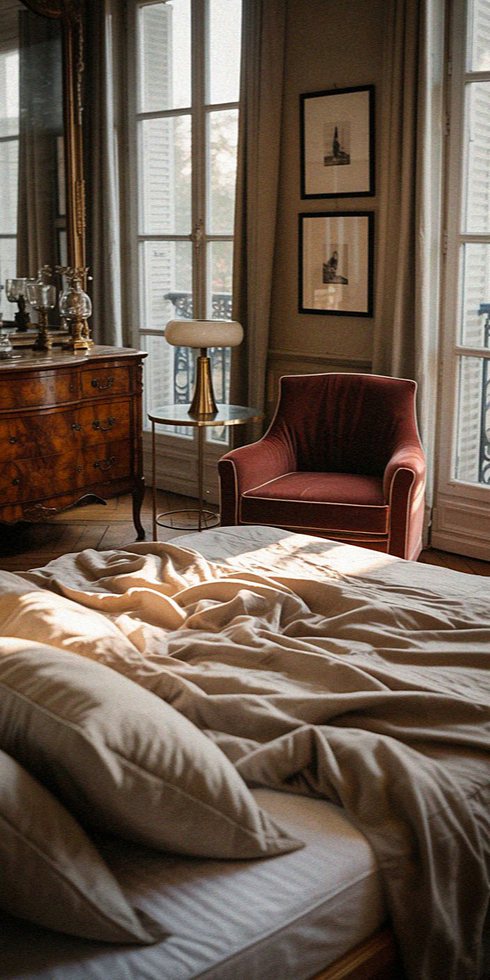 A cozy bedroom featuring an ornate dresser, red armchair, and unmade bed; sunlight filters through large windows with elegant curtains.